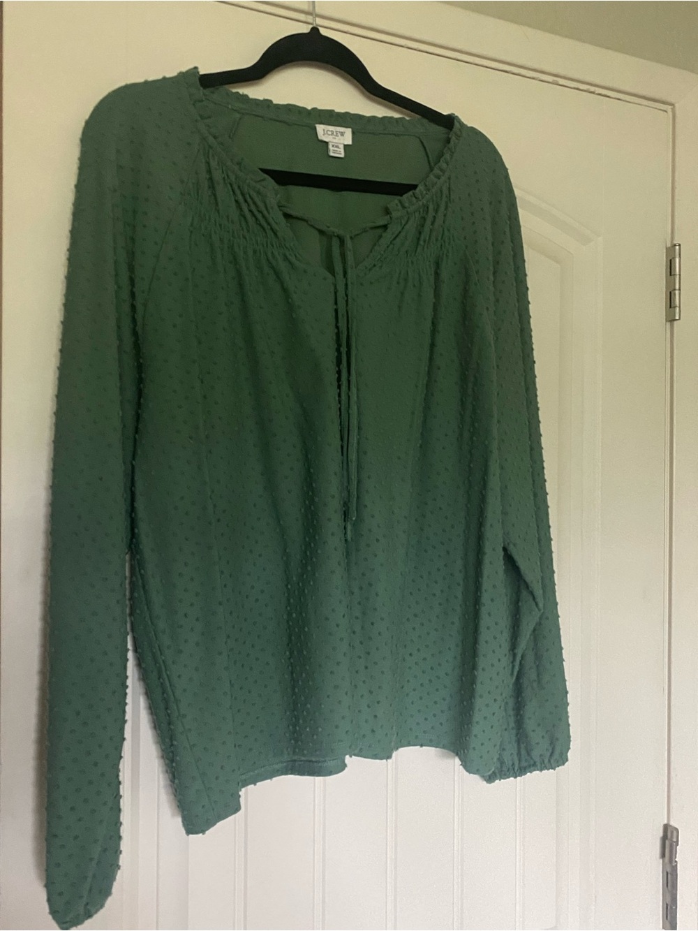 J. Crew Sage Green Swiss Dot Tie-Front Blouse